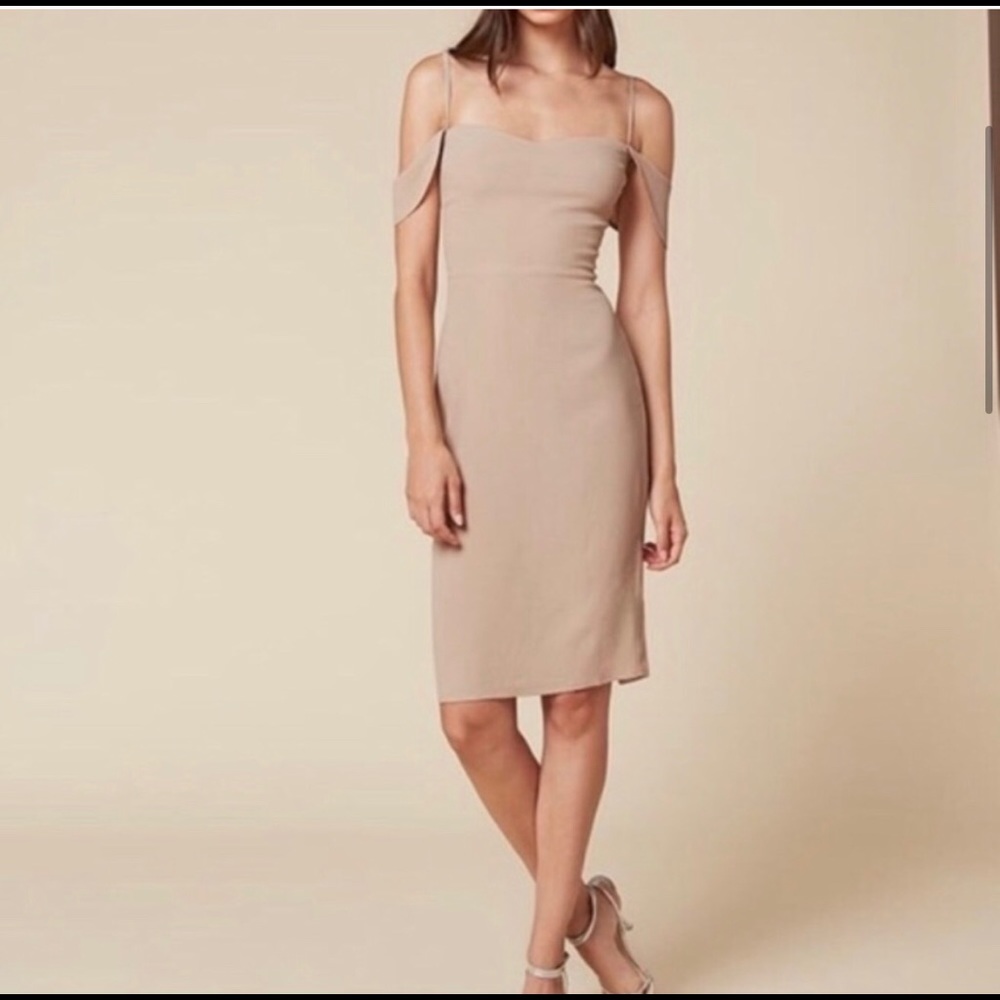 Reformation nude midi dress with cold shoulder